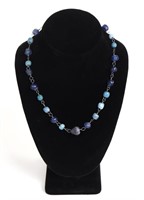 Viking Blue Bead Rosary Necklace w/ Oxidized Sterl