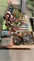 Pallet of tools, cutting torch, pipe wrenches, soc