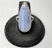 Large Sterling Blue Laced Agate Ring 11 Gr S-9.25
