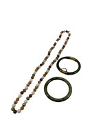2  Jade Bangles  & Beaded Stone Necklace