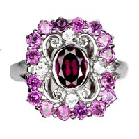 Natural Rhodolite Garnet & White Topaz Ring