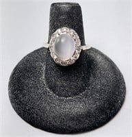 Sterling Cabochon Moonstone Halo Ring 3 Gr Size 7