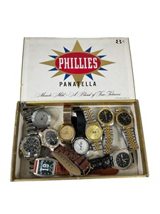 Cigar Box of 10 Assorted Men's Watches