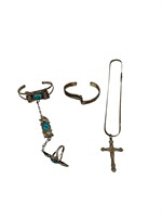 Sterling Cross Necklace & 2 Cuff Bracelets