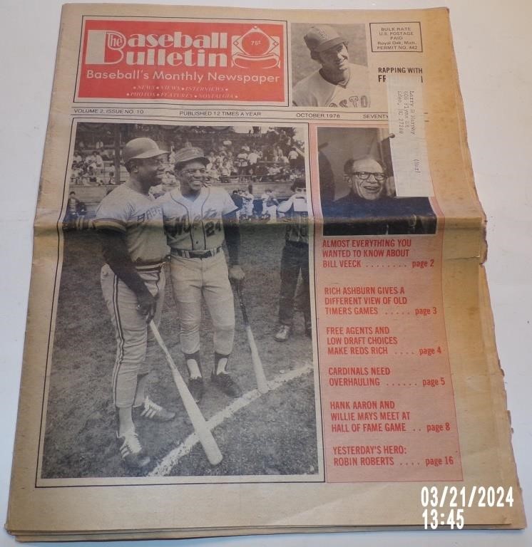 Vintage 1976 Baseball Bulletin Newspaper w/ Hank