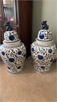 (2) Blue and white Chinoiserie Temple jar with dog