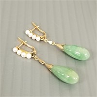 Pair of 14K drop earrings set with jade drop &