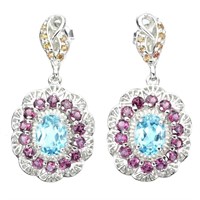 Natural Swiss Blue Topaz & Rhodolite Garnet  Earri