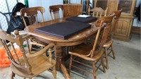 WOOD DINING TABLE, 2 LEAVES, PADS & 6 CHAIRS