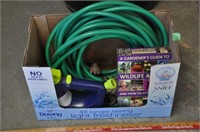 Garden hose, books, outdoor cleaner, chime