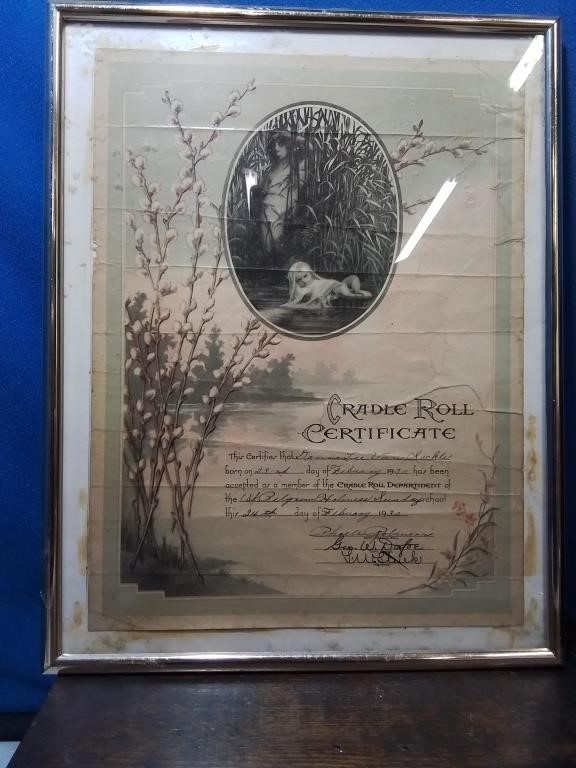 Framed antique cradle roll certificate from 1930