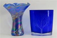 Murano Style Art Glass Vase & Signed Etched Vase