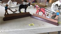 2 WOOD FARMER & HORSE PLOWING FIGURINES