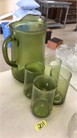 GREEN GLASS PITCHER & 4 CUPS