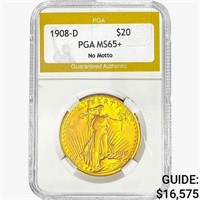 1908-D $20 Gold Double Eagle PGA MS65+ No Motto