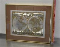 1980s foil World map, framed, 20x16