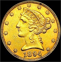 1894 $5 Gold Half Eagle CHOICE AU