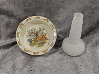 Bunny Kins Bowl & Milk Glass Vase