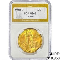 1910-D $20 Gold Double Eagle PGA MS66 Counter