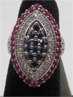 18K WG Blue Sapphire, Ruby & White Diamond Ring