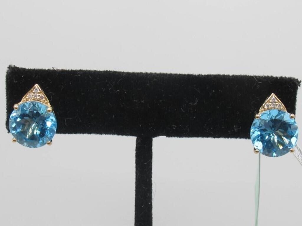 18K YG Swiss Blue Topaz & White Diamond Earrings
