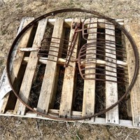 Pallet Lot Wrought Iron Wagon Wheel & 3 Hay Forks