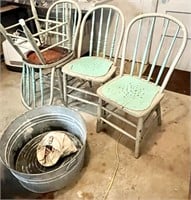 4 wood chairs, galvanized washtub, clothespins
