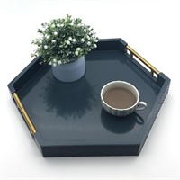 Blue Hexagon Tray with Metal Handles 17.7"