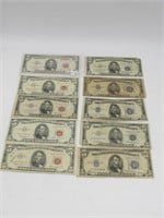 LOT OF 10 RED SEAL & SILVER CERTS $5 NOTES CIR.
