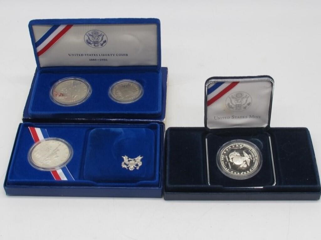 3 COMM SETS, 2 STATUES, 1 MARINE SILVER DOLLAR