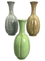3 Character Marked Longquan Celadon Asian Vases
