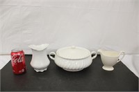 White Covered Casserole w/ Creamer & Vase
