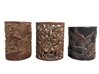 3 Outstanding Asian Carved Brush pots