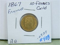 1867 France 10 Francs Gold A.U.