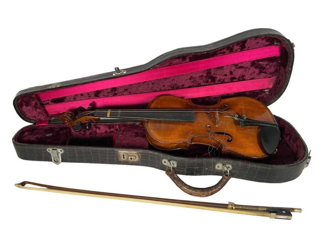 Vintage Violin In Case W/ MOP Inlay Bow