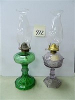 (2) Vintage Kerosene Lamps - (1) Green Depression,