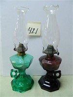 (2) Vintage Junior Kerosene Lamps - (1) Purple &