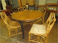 OAK ROUND TOP METAL BASE TABLE W/ 4 BAMBOO CHAIRS