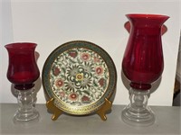 Red Vases/Candle Holders & Decorative Plate