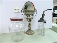 Figural Shaving Mirror, Vintage Glass Beater Jar &