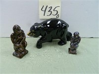 7" Black Pottery Bear & (2) Pottery Gorillas