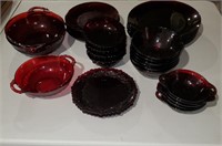 Cranberry Glass - Assorted Dishes, 32 pc's