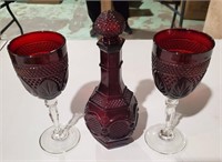 Cranberry Glass - Wine Decanter & Wine Glasses