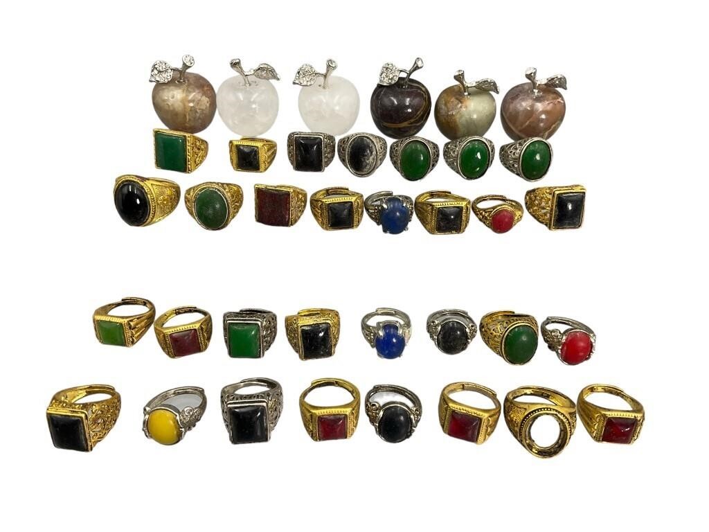 Large Lot Costume, Genuine Stone Rings, Apples
