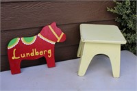 Wood Stool 10"T 9" L & Wood Horse Sign