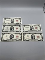 Group of 5 1953 $2 Red Seal Notes