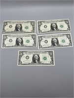 Group of 5 1963-B,E,G,J,L $1 Joseph Barr Notes