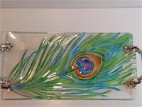 Iridescent Fused Glass Peacock Feather Tray