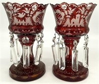 2 Bohemian Ruby Red Glass Mantle Lusters