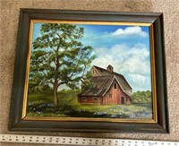 Signed Oil Painting of Red Barn